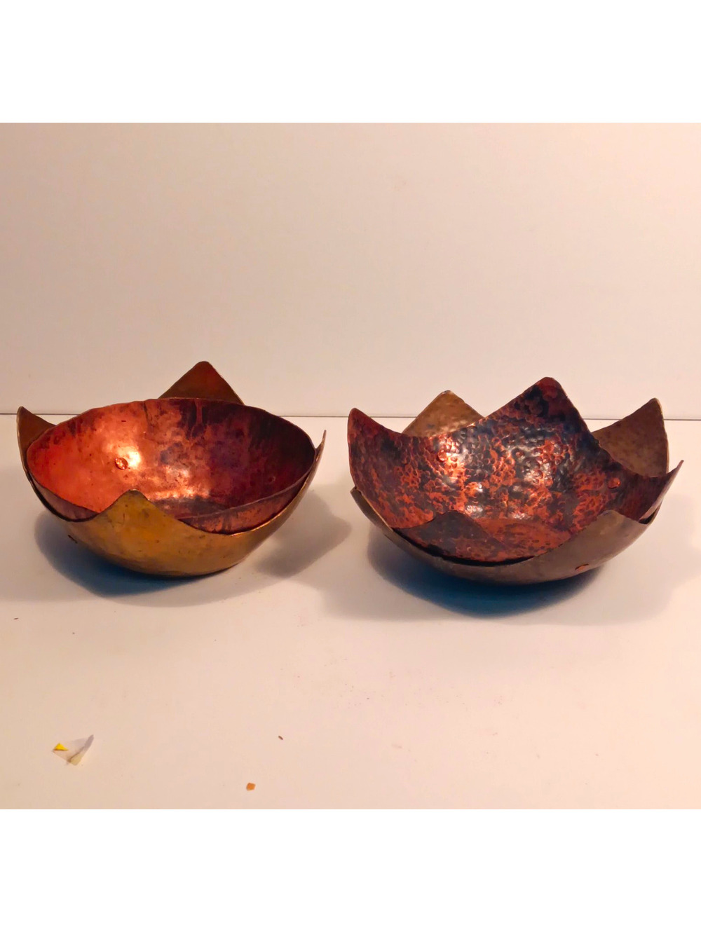 Antique Jessie Plummer Signed Hand Wrought Copper Ruffled Petal Bowls Pair